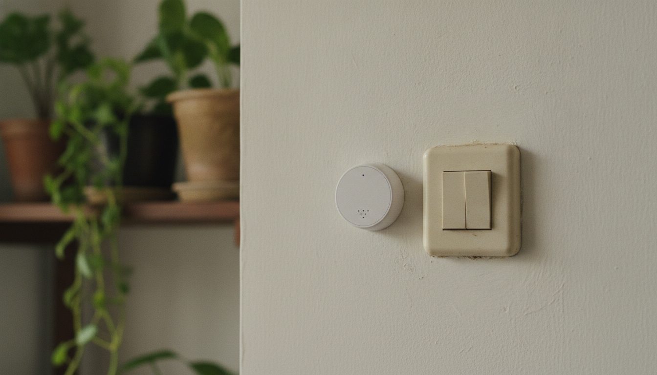 New wireless smart sensor mounted beside an older light switch in a retrofit