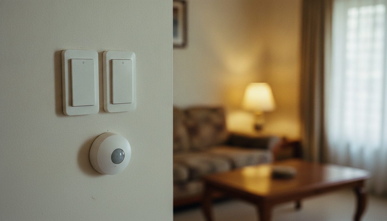 Wireless Zigbee smart switches and a sensor mounted on a living room wall