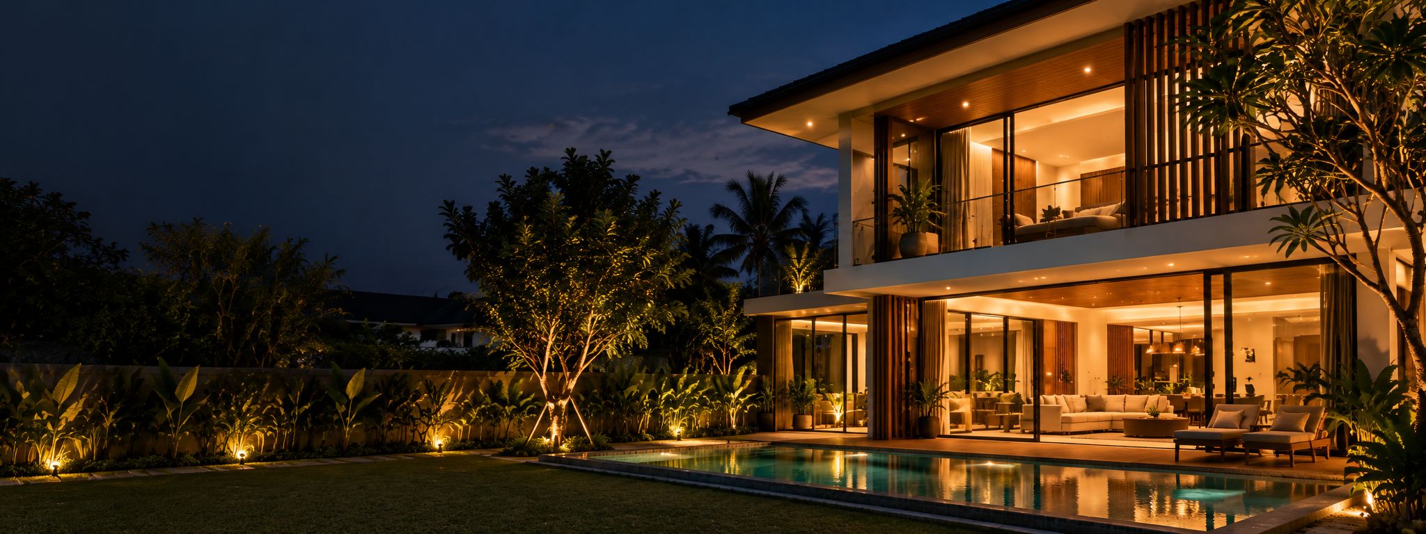 Finished modern bungalow at night with every room lit and a pool in front
