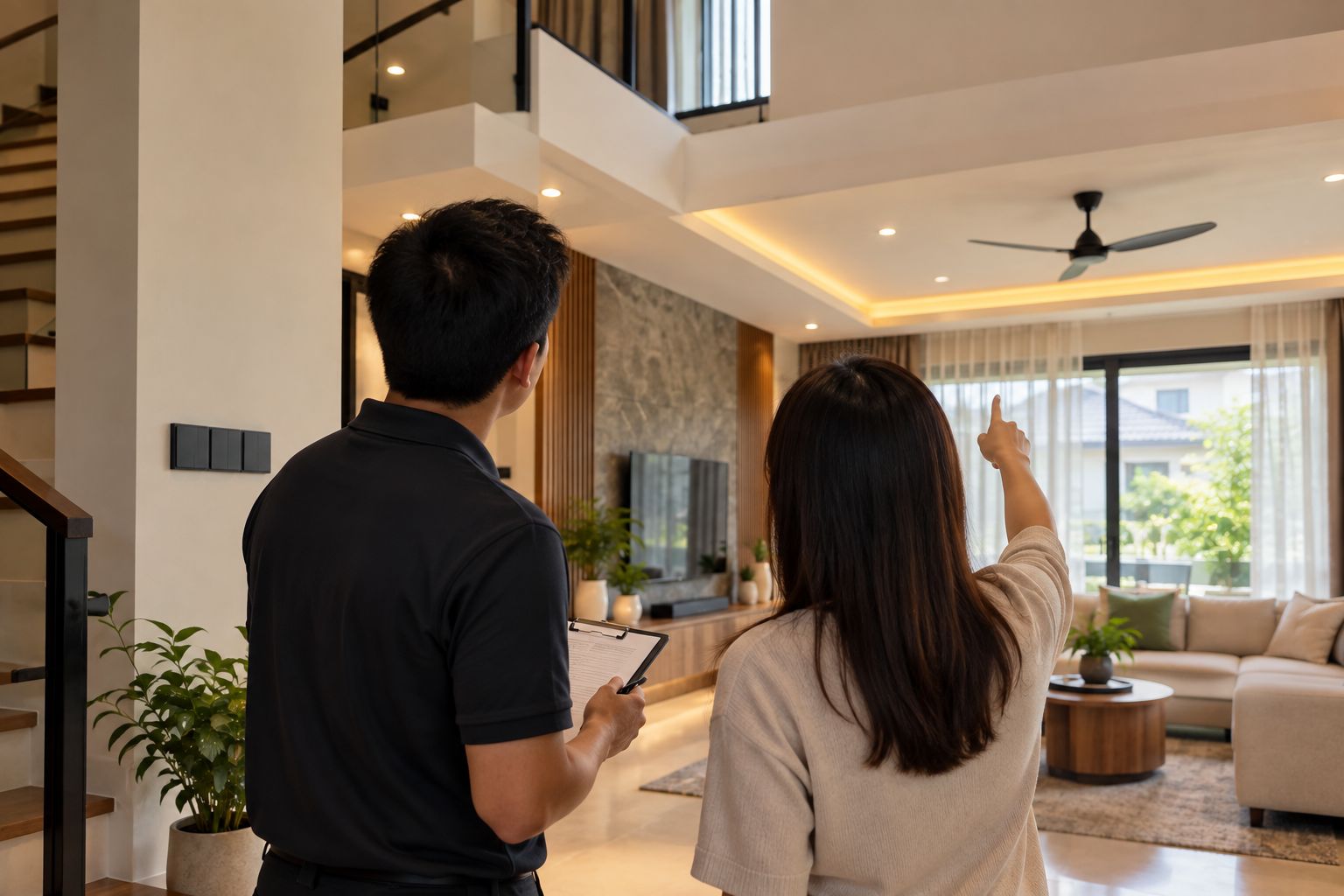 Specialist and homeowner looking at a living room ceiling during a site visit