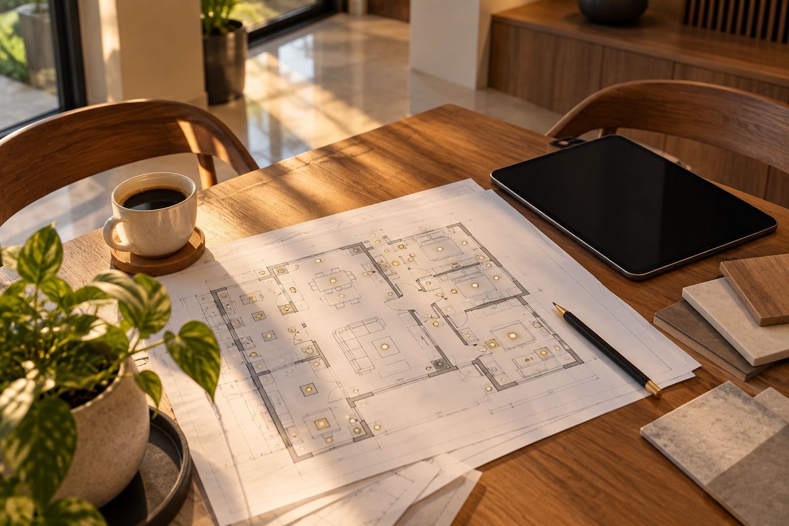 Floor plan with light and switch markings on a dining table beside a tablet
