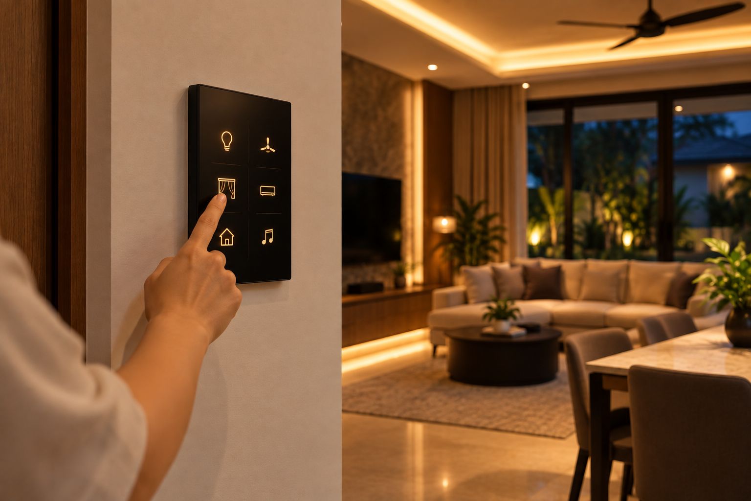 Hand touching a wall touch panel in a finished living room