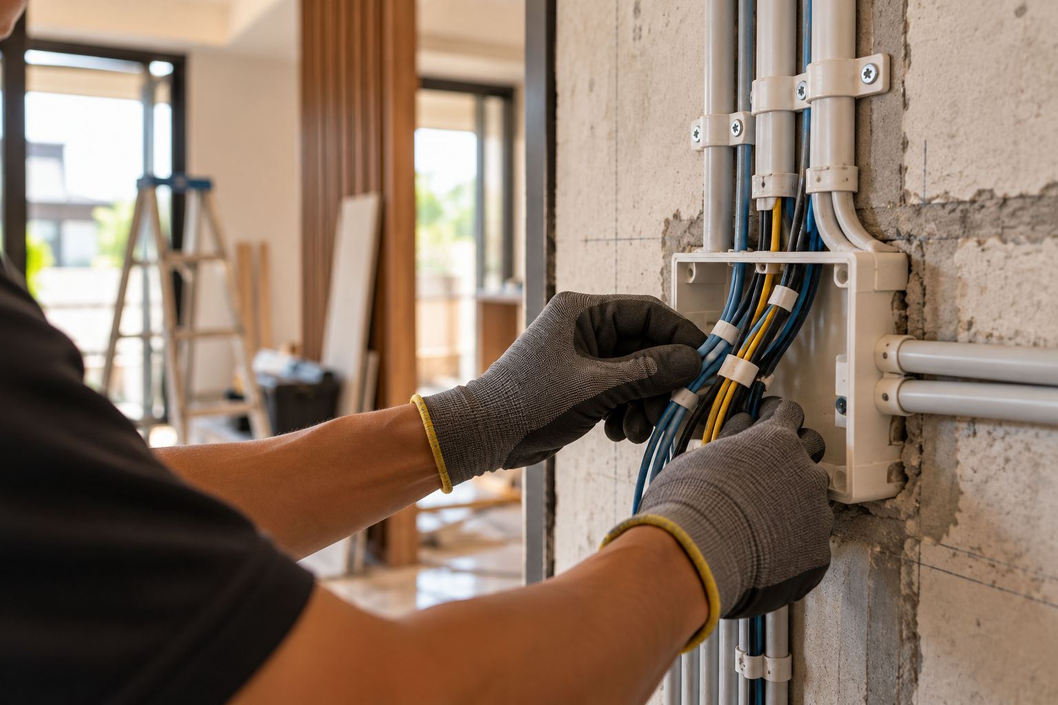 Electrician's gloved hands routing cables into a wall box