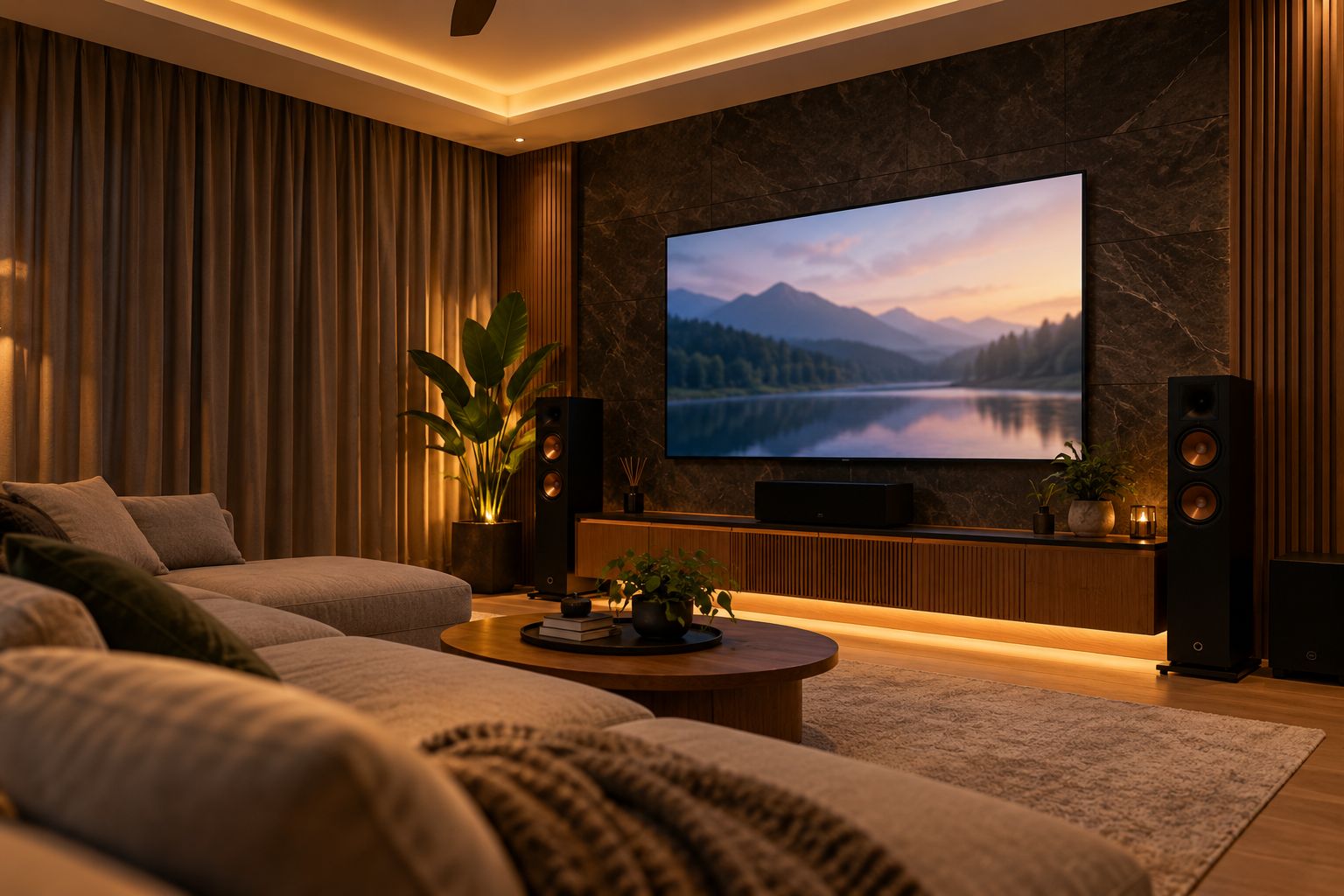 Home cinema corner at night with a large TV, floor speakers and dimmed cove lights