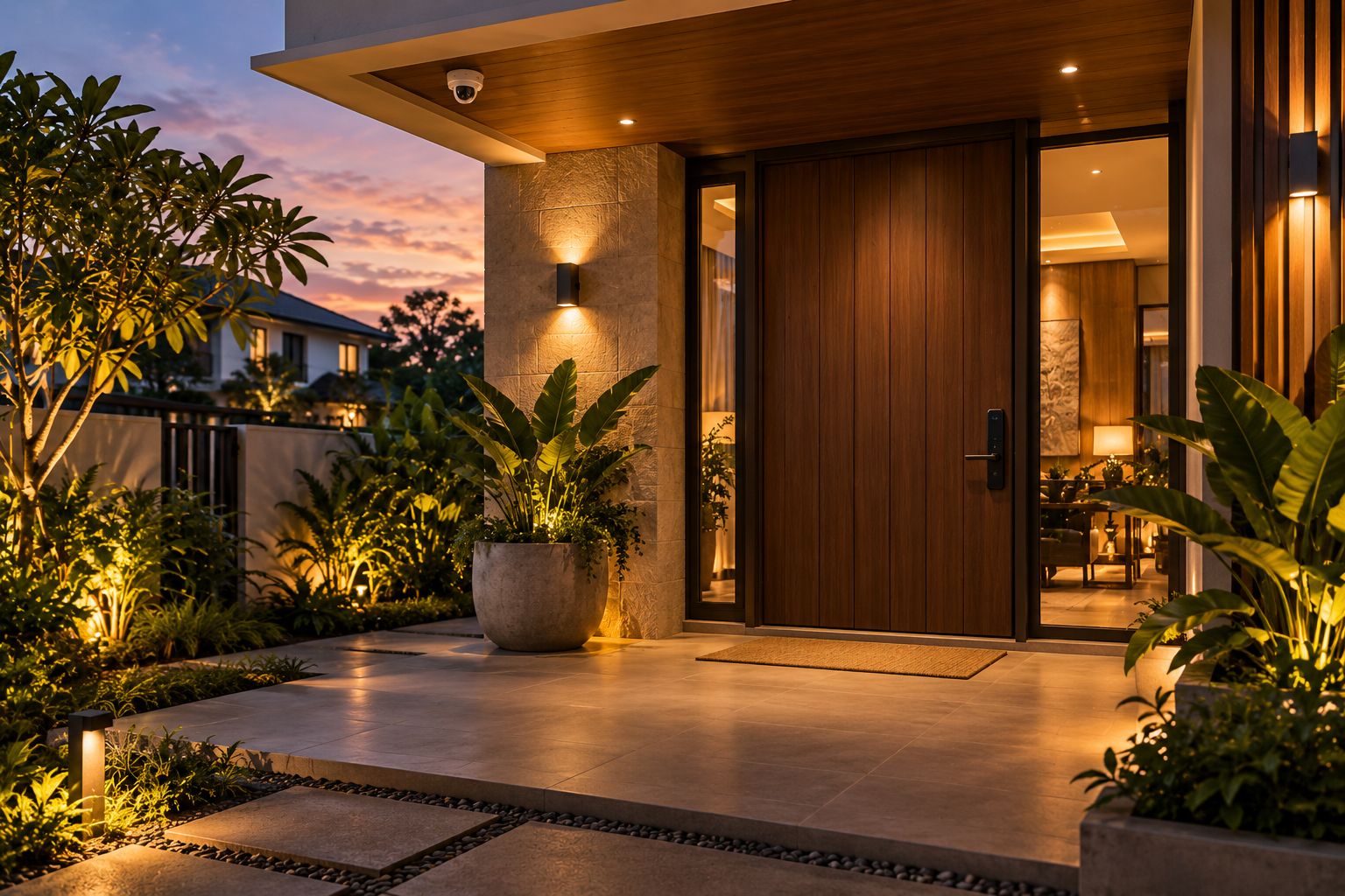 Front entrance of a semi-D at dusk with a digital door lock and a porch camera