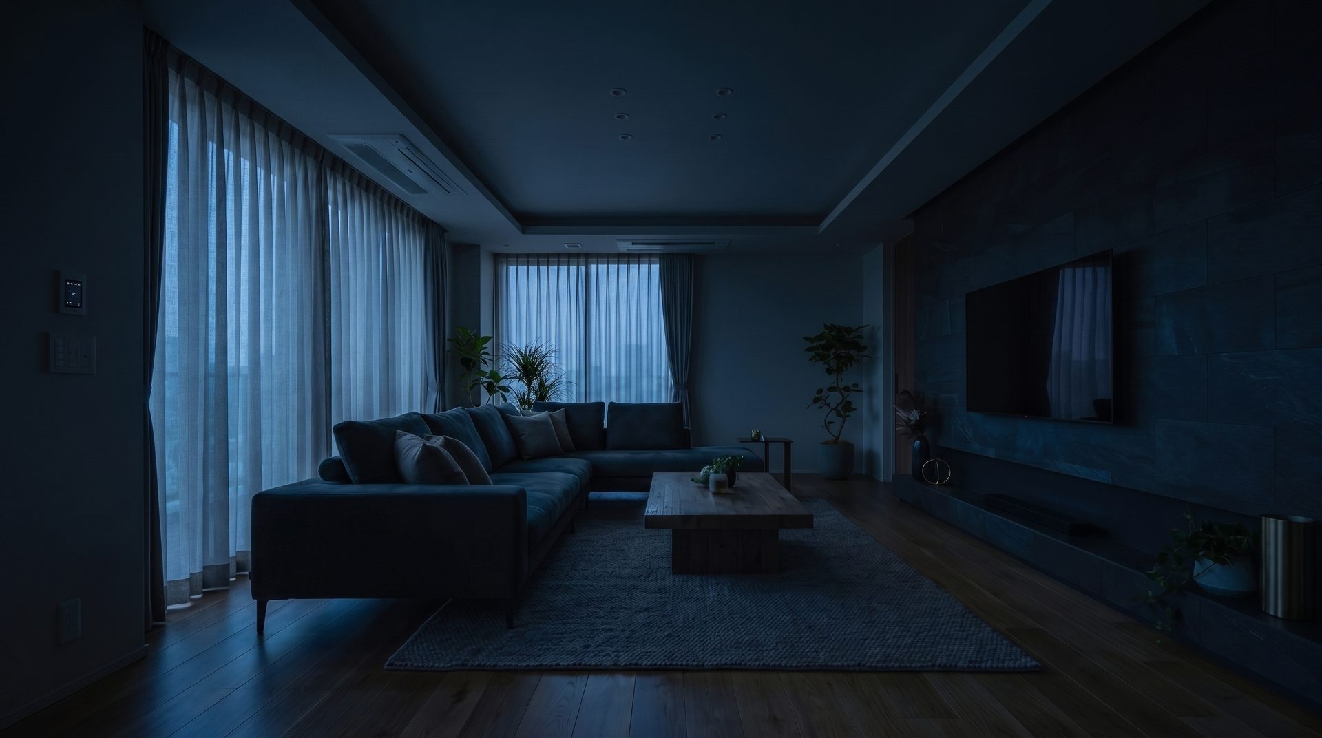 Living room in daylight with the curtains open