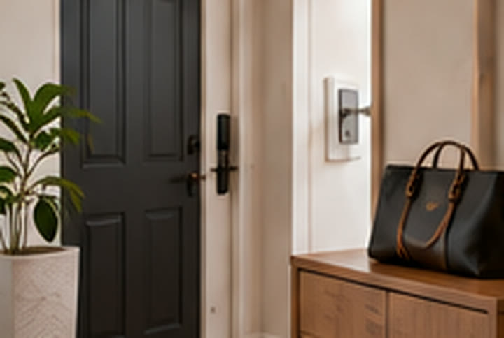 Front door with a handbag on the console, ready to go out
