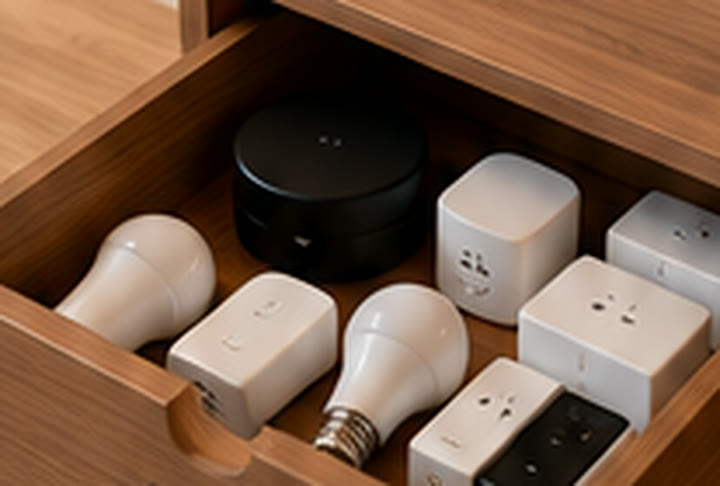 Drawer full of smart bulbs, plugs and hubs