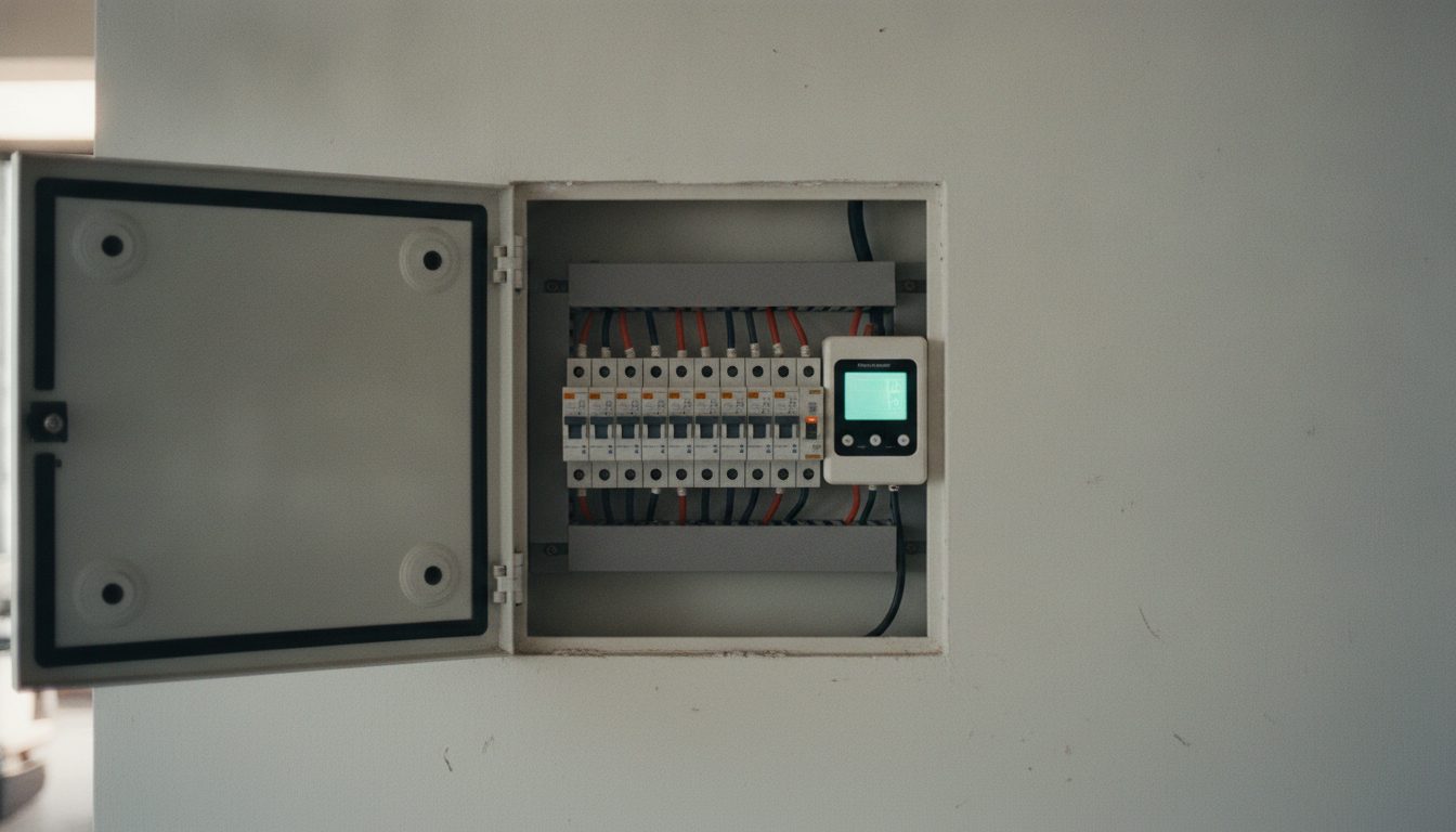 Home electrical panel with an energy monitor showing live usage