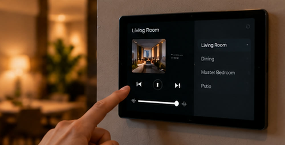 Finger on a wall panel choosing music for each room
