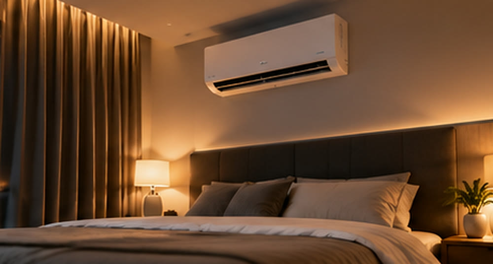 Bedroom at night with a wall-mounted aircon above the bed
