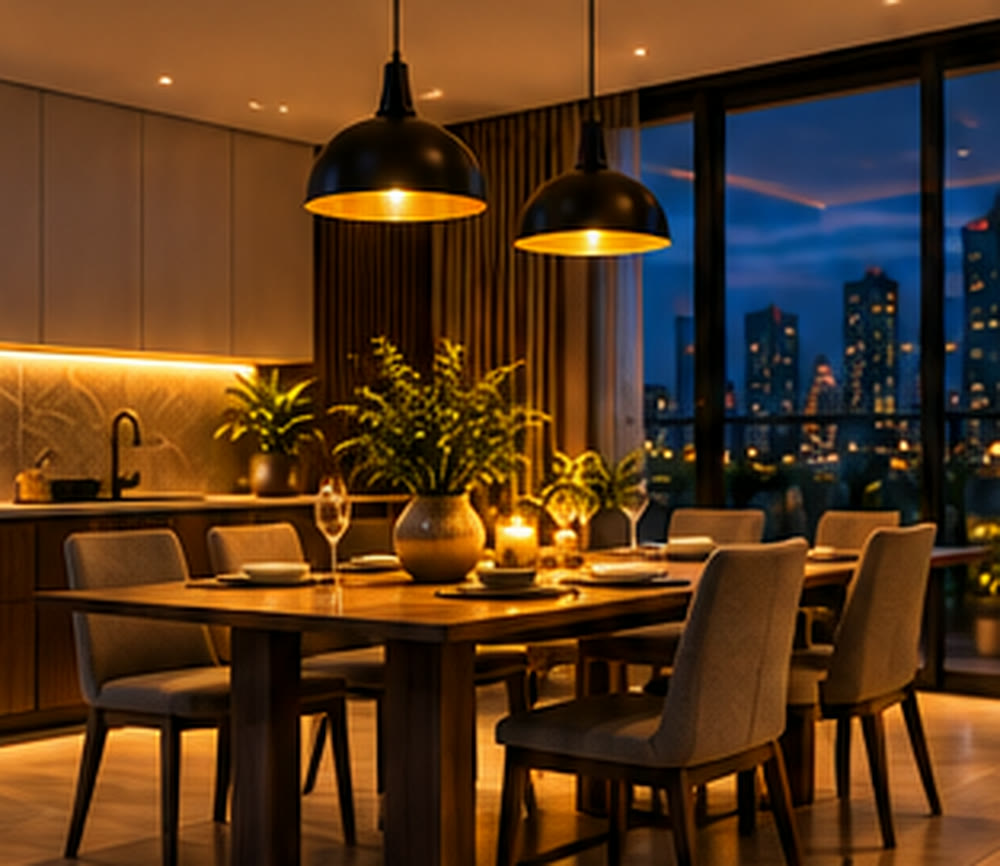 Dining area at night with pendant lights over the table