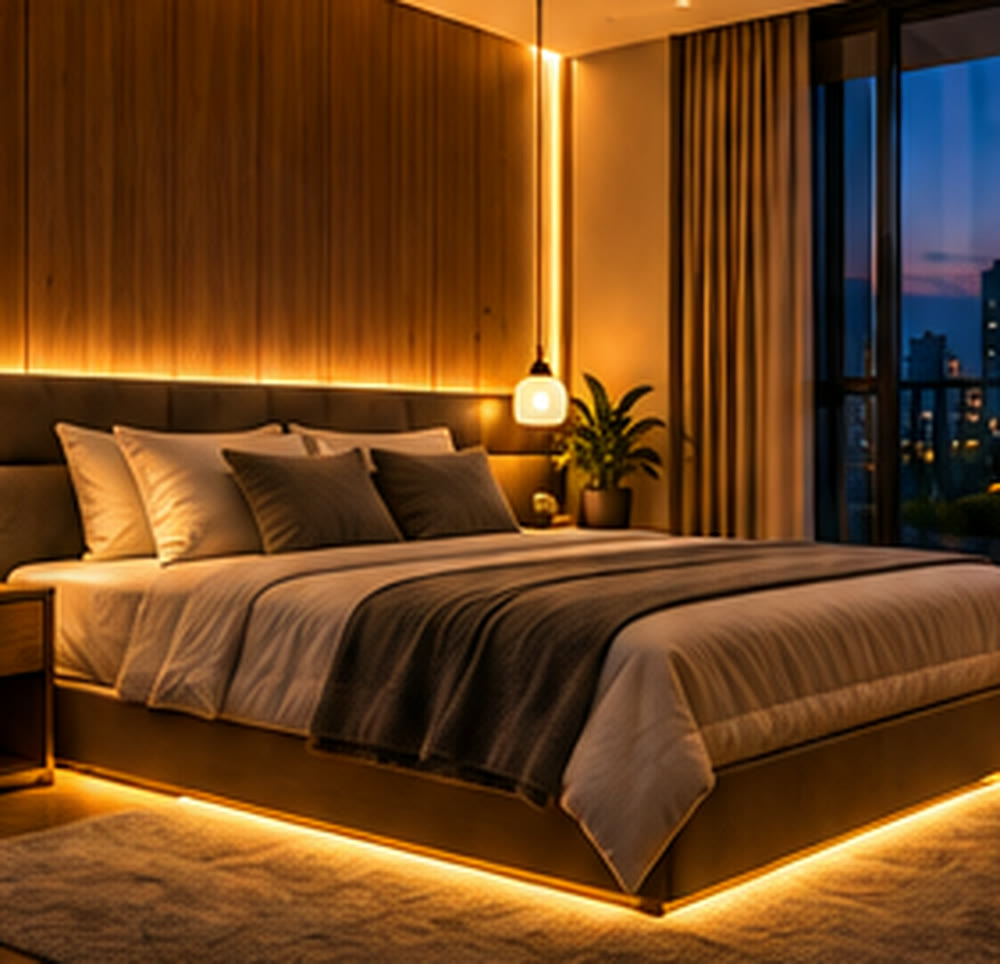 Bedroom with a soft light strip under the bed frame