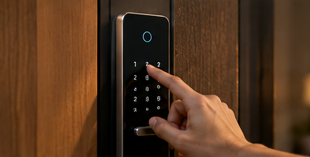 Finger entering a code on a digital door lock