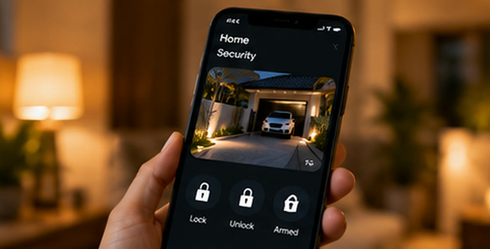 Hand holding a phone showing the home security screen